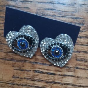 Pair of Evil Eye Heart Shaped Rhinestone Stud Earrings in Silvertone Nwt